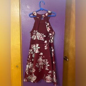 maroon floral open back halter dress
